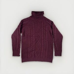 Woolovers Sweater Men Size Medium Knitted Aran Turtle Neck Dark Plum Wool NWT